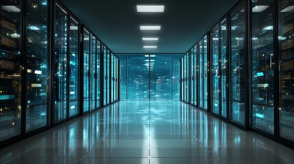 Fototapeta premium Modern Data Center with Rows of Server Racks and Glass Walls