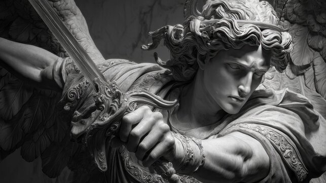 Dramatic marble statue of angelic warrior holding ornate sword in intense focus.
