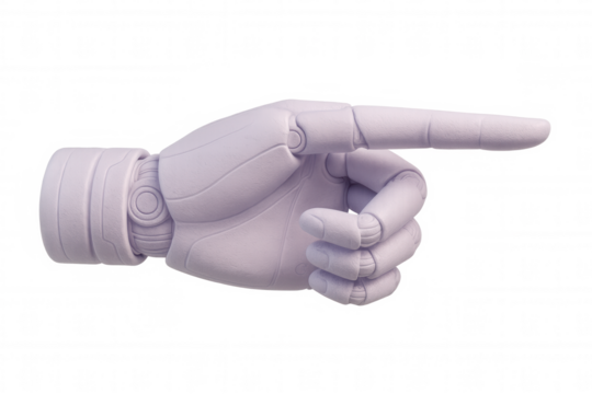Light purple robotic hand pointing with index finger on transparent background, ideal for technology and futuristic projects