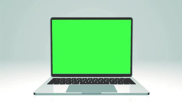 laptop closed lid slipping into the composition and opens with green screen mockup, 3d render computer chroma key lap top front view motion graphics element on silver gradient background