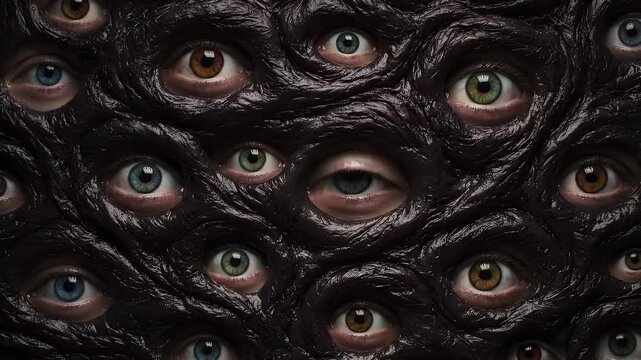 A unique and thought-provoking abstract visual a dense organic texture covered with countless multi-colored eyes, evoking pervasive observation and surrealism.