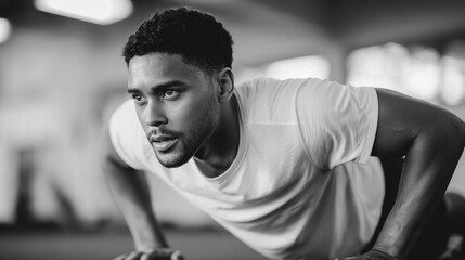 Young male athlete passionately performing push-ups while displaying intense focus and dedication


