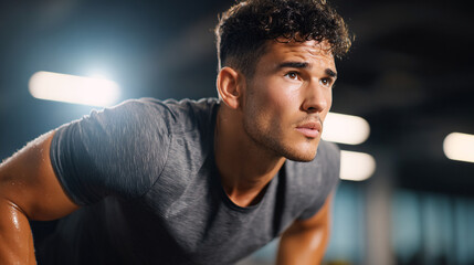 Young male athlete passionately performing push-ups while displaying intense focus and dedication

