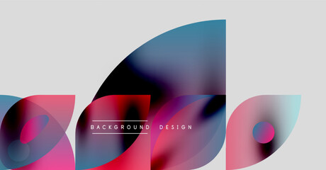 Abstract shapes overlap, creating vibrant color gradients. Modern design elements suggest fluidity, motion, visual appeal.