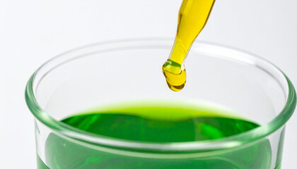 Droplet of yellow chemical falling into beaker with green liquid. Laboratory work. Close-up.
