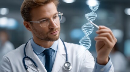 Doctor analyzing genetic report using augmented reality technology in medical environment closeup perspective for enhanced diagnostics