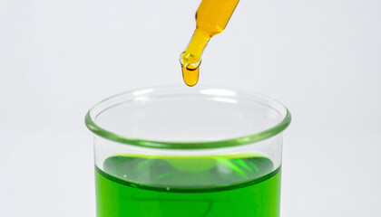 Droplet of yellow chemical falling into beaker with green liquid. Laboratory work. Close-up.