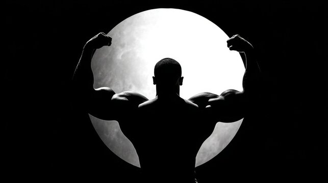 Silhouette of muscular man flexing arms in front of bright full moon backdrop.