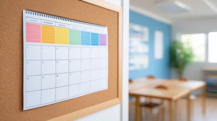 Wall-mounted calendar with colorful sections displayed in a bright office environment, featuring wooden furniture and a plant, representing organization and planning