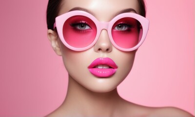 Close Up Portrait of a Young Woman in Pink Sunglasses and Lipstick