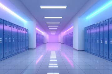 Brightly lit corridor featuring blue lockers on both sides, illuminated by colorful neon lights, creating a vibrant and modern school environment with a reflective floor
