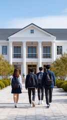 Group of four students walking towards a large modern building with white columns, showcasing a beautiful campus environment and academic atmosphere