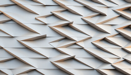 Close up of a modern building facade with geometric patterns and triangular windows creating symmetry