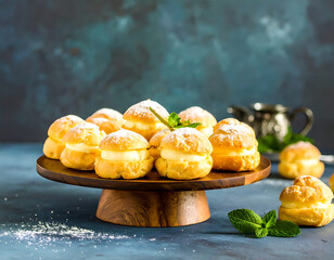 Delectable Cream Puffs: A close-up shot of golden, airy cream puffs, artfully arranged on a wooden serving platter, dusted with powdered sugar, beckoning with their creamy filling, a visual delight