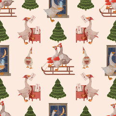 Seamless New Year pattern with geese on sleds, with letters, tea, Christmas trees