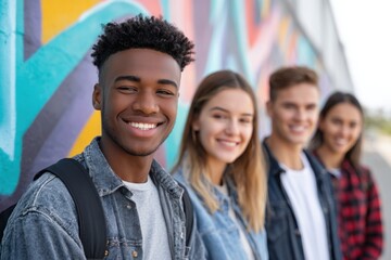 Smiling African American male teenager stands in front of colorful graffiti wall with friends, showcasing youthful energy and friendship in urban environment
