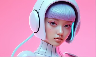 Futuristic Female Cyborg Portrait Pastel Pink Hair Neon Blue Accents Pink Background