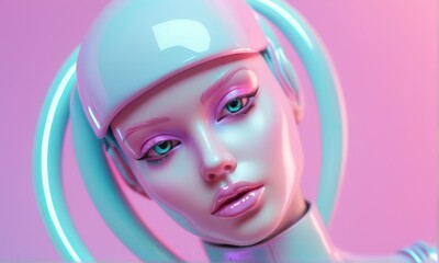 Futuristic Female Cyborg Portrait Pale Skin, Pink and Blue Makeup, Glossy Helmet