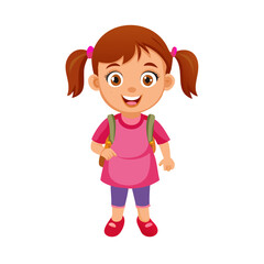 Happy Little School Girl with Backpack and Pigtails Vector