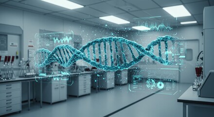 DNA Strand Hologram in Modern Laboratory Setting Science Concept.