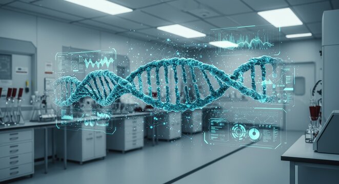 DNA Strand Hologram in Modern Laboratory Setting Science Concept.