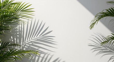 Sunlit Palm Leaf Shadows on White Wall — Minimal Tropical Summer Background