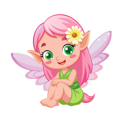 Cute Sitting Fairy Character with Pink Hair and Wings Vector
