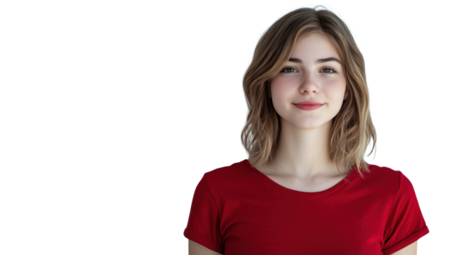 A young woman with light hair smiles warmly, dressed in a simple red shirt, exuding confidence in a clear background
