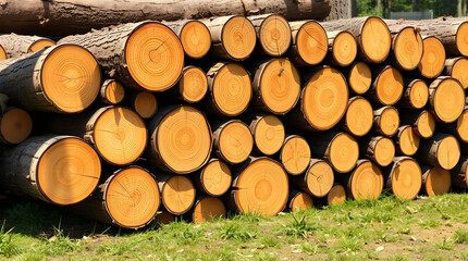 Fototapeta premium Stack of logs creating a wooden wall in nature