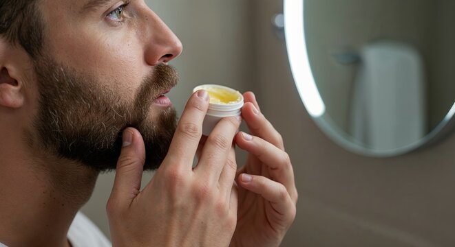 Hands applying balm to beard with soft daylight and close texture in modern grooming bathroom scene