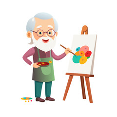 Happy Elderly Man Painting on Canvas Senior Artist Hobby Vector
