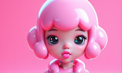Playful Pink 3D Render of a Girl with Glossy Hair