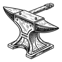 A vintage black and white illustration of a blacksmith s anvil with a hammer resting on top