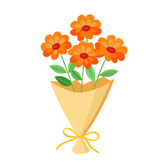 Cute Cartoon Orange Flowers Bouquet Wrapped in Paper with Yellow Ribbon Tie