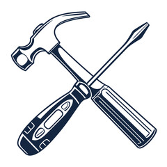 Classic dark blue hammer and screwdriver crossed together on a clean white background