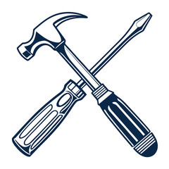 Classic claw hammer and screwdriver crossed together isolated on white background