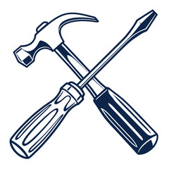 Classic navy blue line art illustration of a hammer and screwdriver crossed on a white background