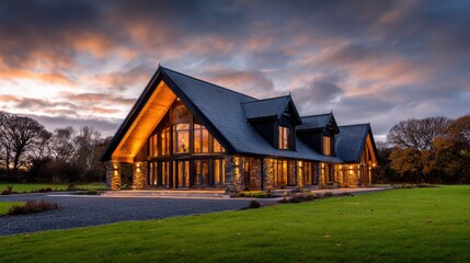 Modern architectural masterpiece at sunset, showcasing a stunning home surrounded by nature