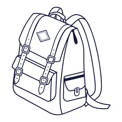 Classic vintage style backpack with buckles and straps in a simple outline drawing