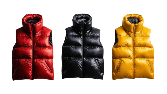 Three vibrant puffer vests in red, black, and yellow highlight modern winter fashion choices for the season