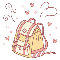 Cute yellow and pink backpack with hearts and swirls for school or travel adventures