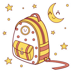 Cute yellow backpack with a smiling moon and stars on a white background