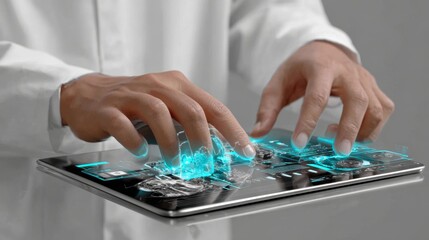 Doctor engages with holographic touch screen to navigate medical data in a high-tech hospital environment