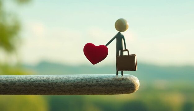 Balancing a briefcase and heart, a stick figure shows the need to manage work responsibilities alongside emotional and personal life