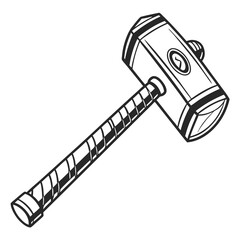 Stylized black and white illustration of a powerful war hammer with a detailed handle and striking head