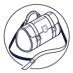 Stylized line art illustration of a vintage leather duffel bag with straps and buckle details inside a circle