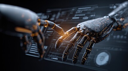 Advanced robotic hand interacting with futuristic digital interface, showcasing cutting-edge AI and technological innovation for a brighter tomorrow.