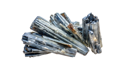 Pile of stibnite mineral crystals isolated on transparent background, displaying their metallic luster, needlelike formations, and natural geological origin