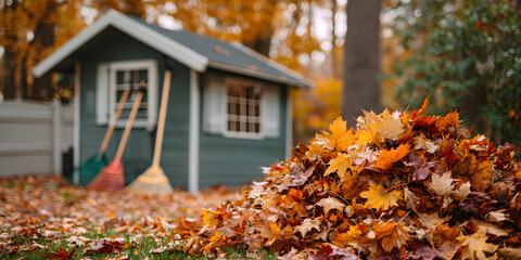 pile of crunchy fall leaves with rakes and a garden shed in the background, Fall yard work, Fall