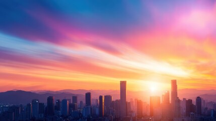 Fototapeta premium Vibrant sunset over a city skyline with colorful clouds, showcasing urban life and nature's beauty